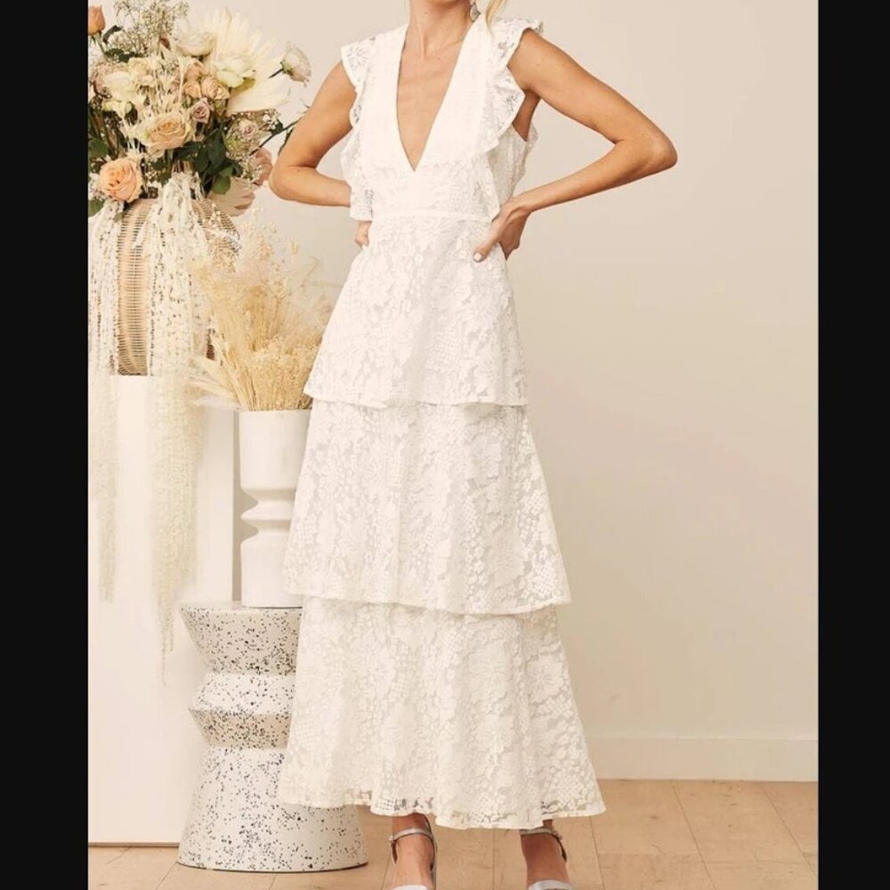 Lulus Molinetto White Lace Tiered Dress Maxi Dress Large Sleeveless V-Neck 40068